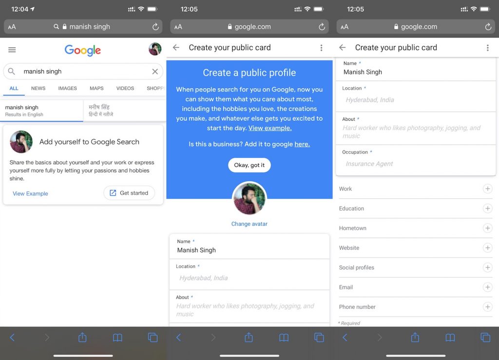 Google Search brings a new Virtual visiting card feature 1 Peoples card feature from google