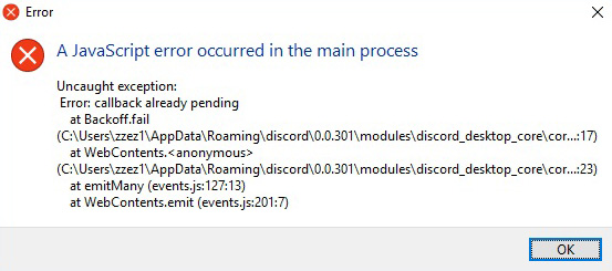 A JavaScript Error Occurred in the Main Process