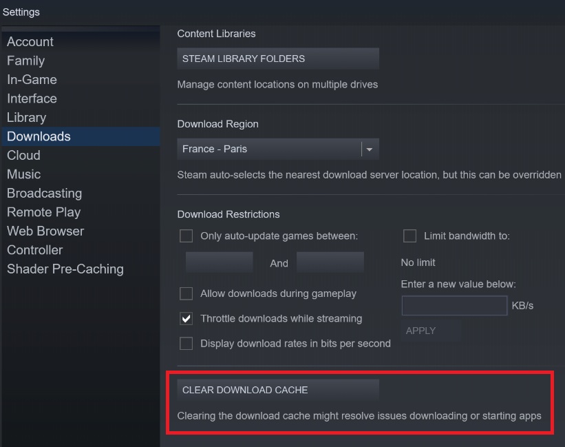 Clearing Steam Download Cache